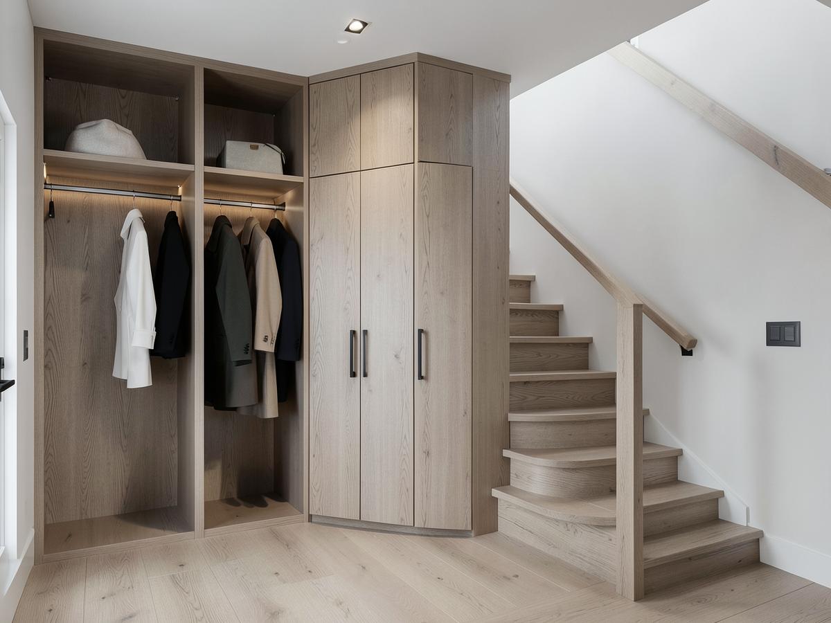 Maatwerk eiken inbouwkast naast een houten trap