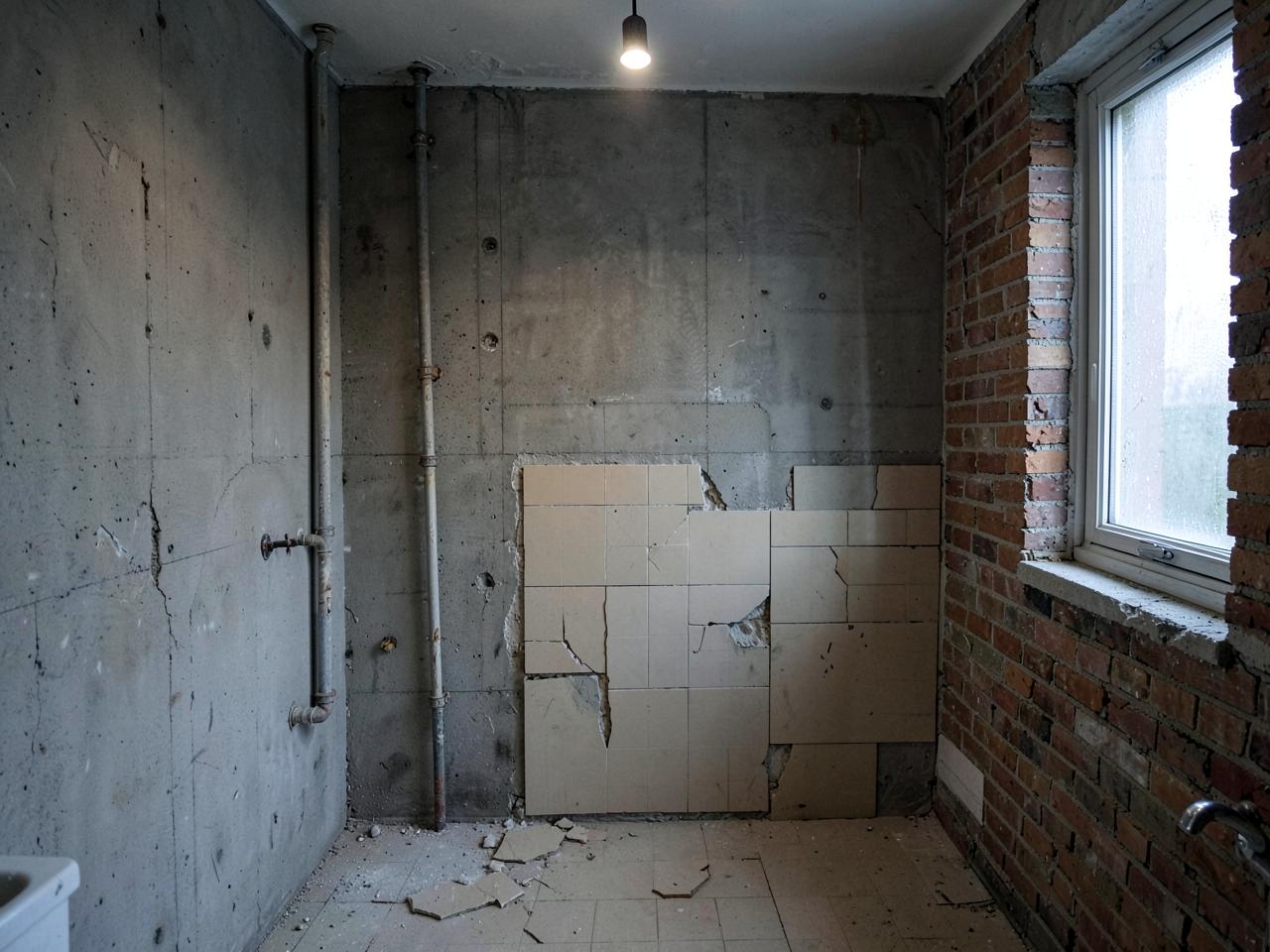 Badkamer voor renovatie met kale muren en oude tegels